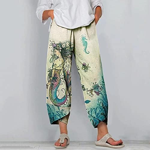 Ljetne posteljine za žene Ljeto pamučne posteljine lounge hlače cvjetno tiska visokog struka plaže Capri pant s džepovima