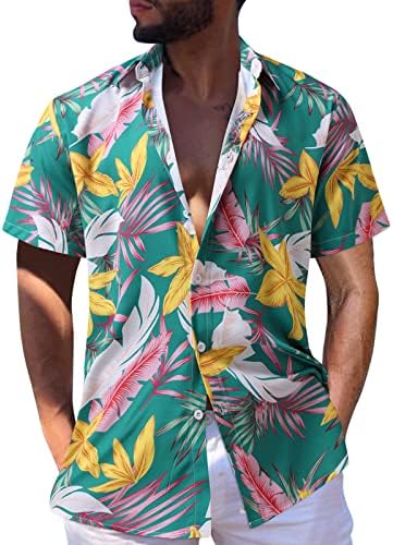 HDDK MENS Havajske majice, ljetni kratki rukav tropski cvjetni tipka za ispis prema dolje opušteno fit rever plaža Aloha majica