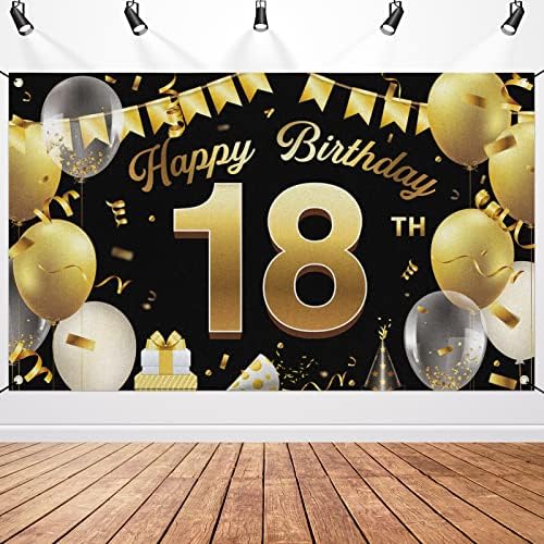 Znak pozadine natpisa za sretan 18. rođendan, izuzetno veliki zlatno Crni pribor za rođendanske zabave dekoracija za rekvizite za foto kabine u zatvorenom prostoru na otvorenom, 71x43 inča