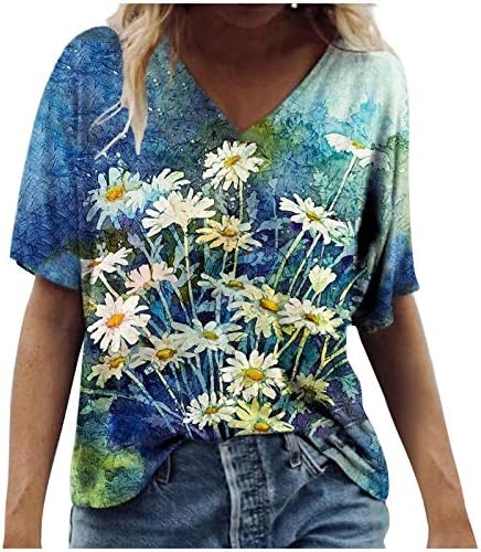 Vrhovi za žene ljetni cvjetni tiskovina kratkih rukava casual v izrez slatke majice Vintage grafički labavi bluza s bohom