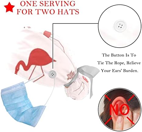 Medicinske kape za žene sa dugmićima duge kose, 2 komada podesiva radna kapa, flamingo i palmi
