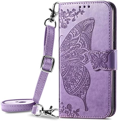Xyx torbica za novčanik za Samsung A21s, reljefni leptir PU kožni utori za kartice zaštitni Folio preklopni poklopac sa podesivom trakom za preko tijela za Galaxy A21s, Violet