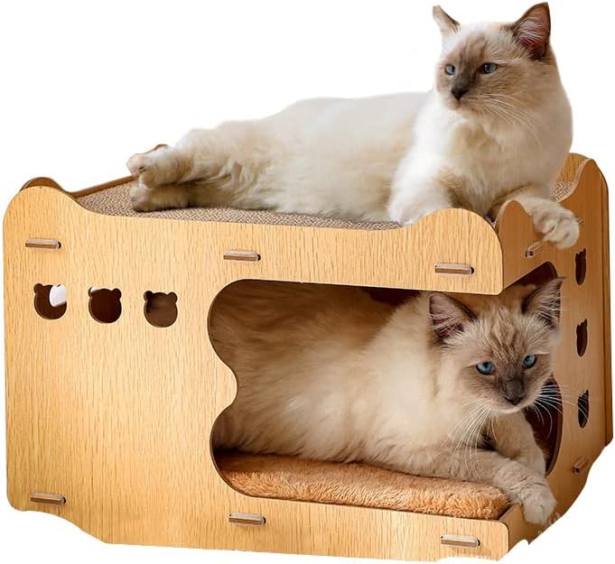 Kuća za mačke, Drvena kutija za mačke koja se može spojiti sa zamjenjivim stubom za grebanje i mekom prostirkom, građevinski blok