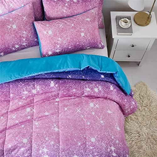 Kiddiku ljubičasta Glitter Comforter Set veličine dvostruke za djevojčice, sjaj Galaxy Twinkle Starlight comforter za Twin