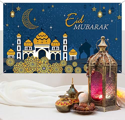 Ramazan Eid Mubarak dekoracije, Extra Large Fabric Blue Eid Mubarak znak Muslim Ramadan pozadini Banner Photo Booth pozadina sa konopcem