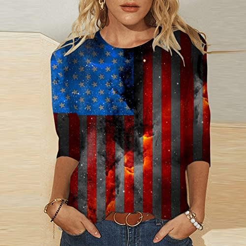 4th of July Shirts for Women USA Flag Summer 3/4 Sleeve Crew Neck T-Shirt Three Quarters Sleeve Breathable Comfomy bluza Top