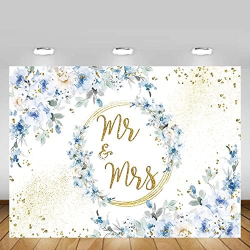 MEHOFOND 10x7ft plava cvjetna pozadina za MR i Mrs dekoracije za Zaručničke zabave parovi vjenčanje zlatne tačke svjetlucave fotografije