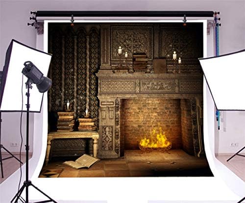 Laeacco Fantasy soba unutrašnja pozadina 10x10ft pozadina vinilne fotografije plamen i kamin magične knjige svijeća Retro House pozadina