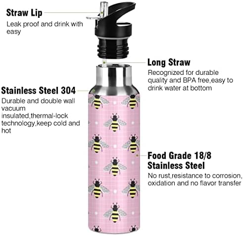 Glafij slatki pčeli plastili ružičasti boca sa slamnim poklopcem, BPA-bez, 32 oz vode za vodu izolirani nehrđajući čelik, za školu, ured, teretanu, sport, putovanja