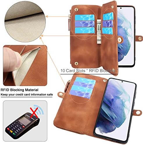 Lacass [Cards zaštita od krađe skeniranja 10 držač utora za kartice Zipper džepni novčanik torbica Flip kožna navlaka sa narukvicom za Samsung Galaxy S21 Plus