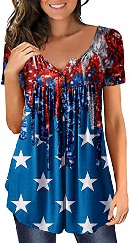 4. jula tunike Tops za žene SAD zastavu stomak krije majice ljeto Casual kratki rukav dugme up V-izrez bluze