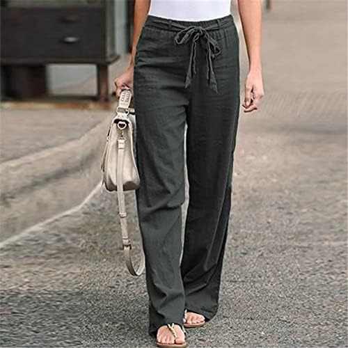 RBCulf Dukset za žene Čvrsto boju pamučna posteljina čipkasta ravna pantalona plus veličina labave ležerne hlače pune dužine