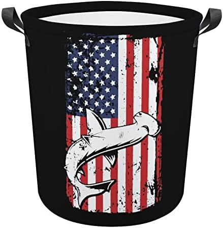 Korpa za veš ajkule sa američkom zastavom sa ručkama okrugla sklopiva korpa za odlaganje veša za spavaću sobu kupatilo