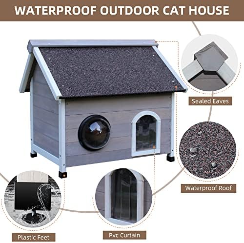 HiCaptain Vanjska kuća za mačke otporna na vremenske uvjete, drvena divlja kuća za mačke izvana, mala kućica za kućne ljubimce jedinstvenog
