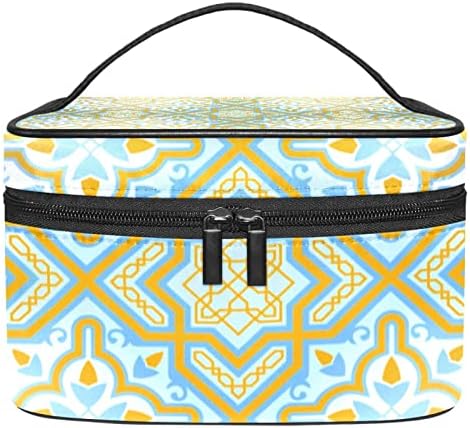 Mala šminkarska torba, patentno torbica Travel Kozmetički organizator za žene i djevojke, klasična ostakljena pločica uzorak žuta plava