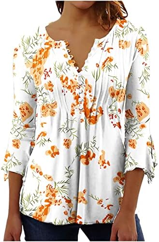 Ženska bluza sa cvjetnim printom 3/4 dugmad za rukave Up V izrez tunike 2023 ljetne elegantne Casual široke majice