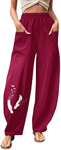 Ženske pamučne posteljine casual pantalone plus veličine pero ispisa široke pantalone za noge elastične struke baggy palazzo pantalone