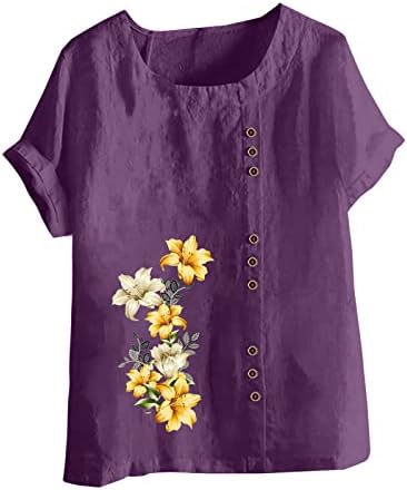 Pamučne platnene košulje za žene ljetne kratke rukave majice majice Plus Veličina dugme bluza Tees cvjetni Print tunike Top