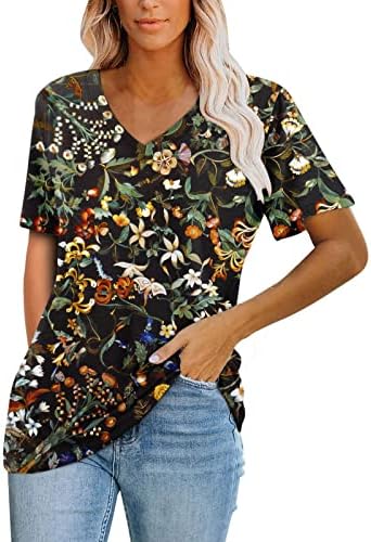 Majica kratkih rukava za žene Ljeto cvjetni tiskani vrhovi V-izrez Casual majica Labavi fit bluza Ters Top Teen Girls