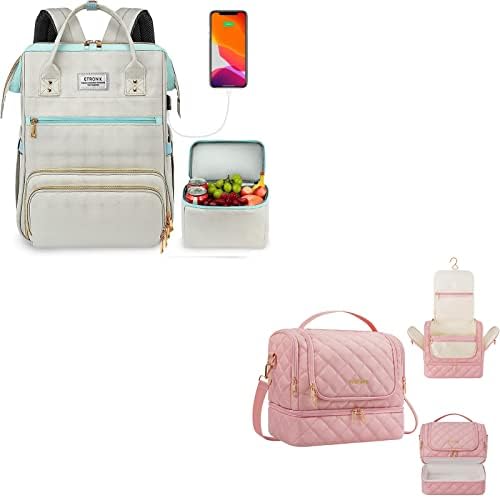 Etronik ručak i toaletna torba za žene, 15,6 inčni ruksak za laptop sa USB priključkom i dvostrukim slojem Visećim vrećicom za šminku