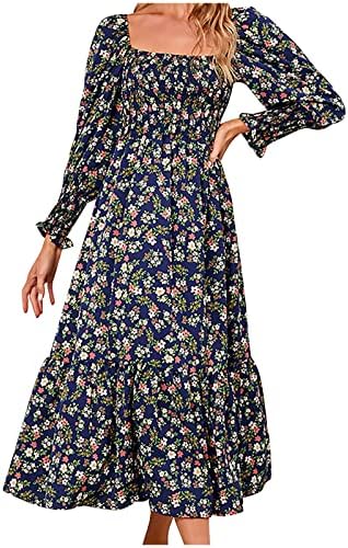 Ženska cvjetna boho turska haljina na dugih rukava u obliku kvadratnih vrata Ruched Flowy Swing haljine trendi maxi haljina