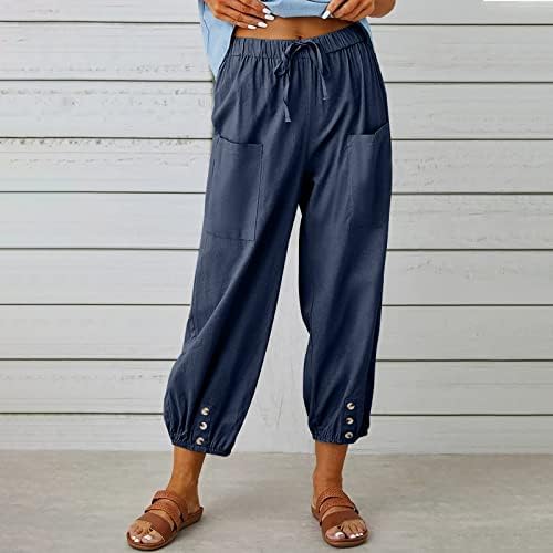Sunyuan elastični vezati struk ženske pačene pamučne pamučne i posteljine devete pantalone sa džepovima Ljeto casual gumb prednje