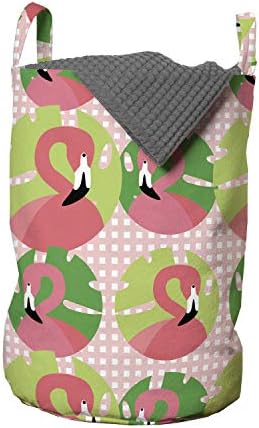 Ambesonne egzotična torba za veš, ptice Flamingo u detinjastom Doodleu sa palminim listovima na Tartan pozadini, korpa za korpe sa