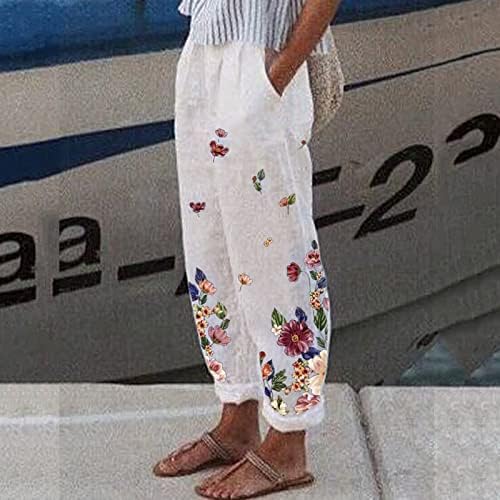 Žene casual posteljine vintage cvjetne print sportske plaže pantalone elastične struke široke noge Padžama hlače