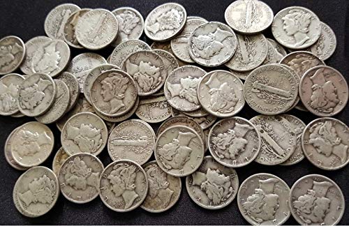 Set od 10 merkurskog dimesa - 90% srebra - datum datuma 1916. do 1945. - puni sastanak i obruč - puna sloboda - ocijenjena novčana