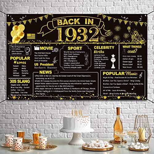 DARUNAXY 91. Rođendanska dekoracija za crno zlato, davne 1932. Baner 91 godina star poster za rođendanske zabave, izuzetno velika