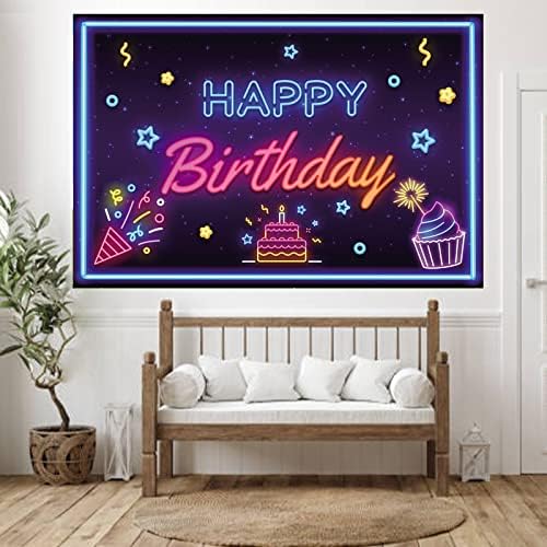 Neon Happy Birthday Banner Backdrop Disco Neon Glow Theme Decor Decorations for Let's Glow Party Boys Girls Women Men 16th 21st 30th