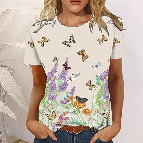 Lounge Tops za žene jesen ljeto kratki rukav Crewneck leptir Print opušteno Fit bluze majice dame UO
