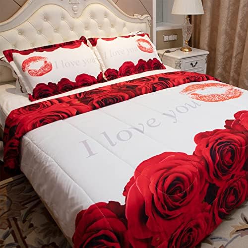 Rose cvjetna valentinova posteljina Kompozita Crvena ruža Romantična svadbena posteljina 3 komada Ruža Ljubav Romantični Komfornik