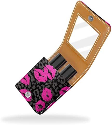 Pink Lips Pattern Leopard Grain Leather Makeup ruž za usne sa ogledalom Mini torba za šminkanje svakodnevno popravljanje