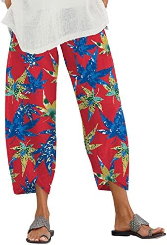 Pamučne posteljine obrezane hlače za žene za žene Ljetne casual capri pantalone sa džepovima Loose Fit Boho udobne hlače na plaži